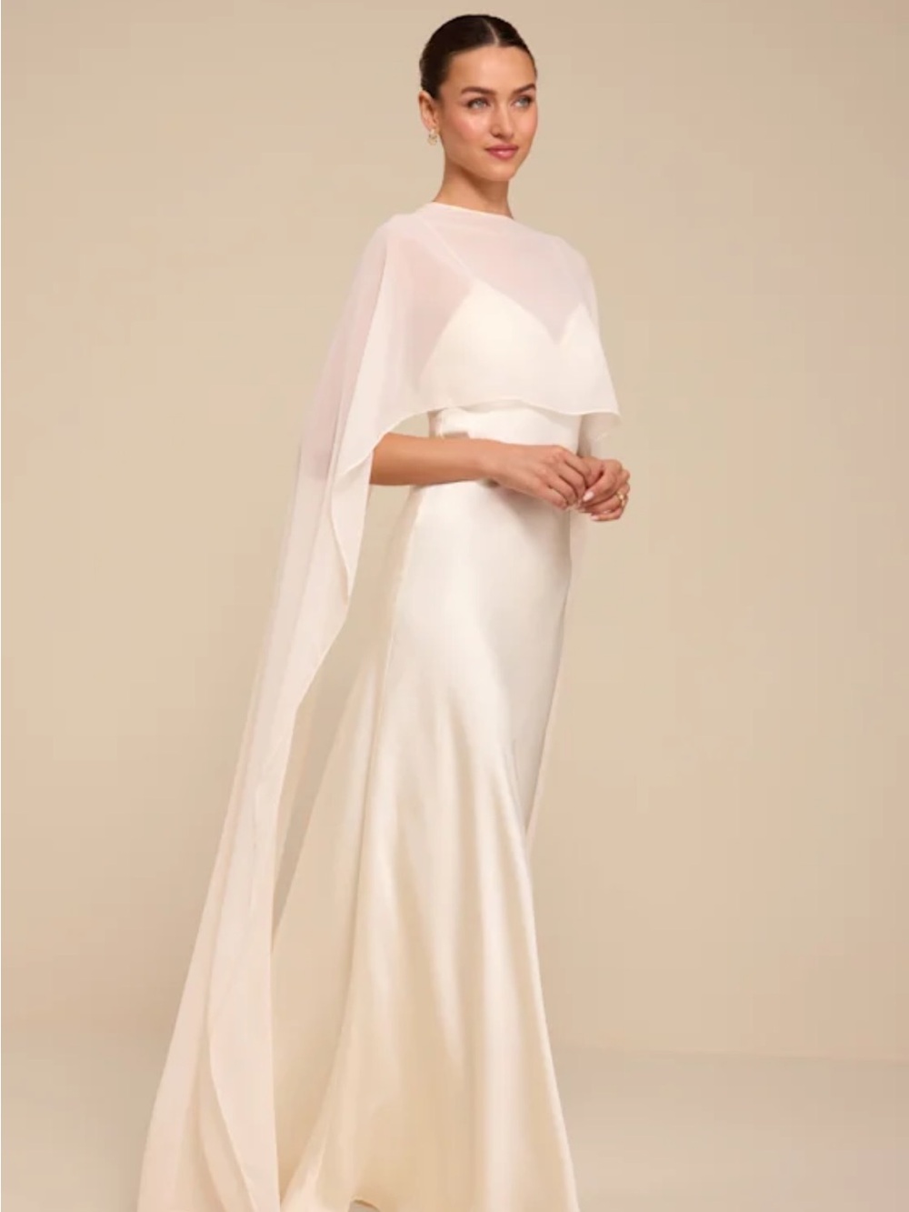 Elegant White Cape Evening Dress - Womens Formal Gown - Picture 5 of 7